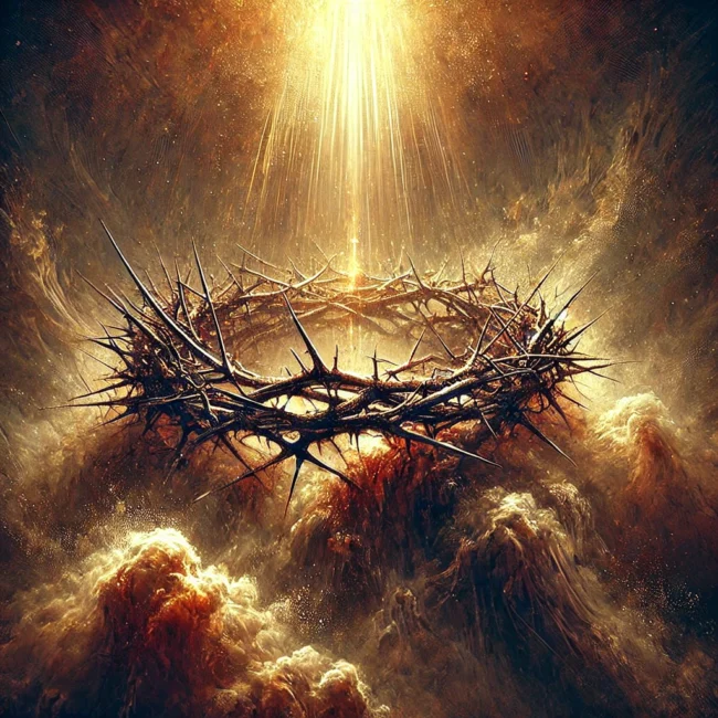 DALL·E 2025-01-29 00.07.22 - Create an AI-generated artwork featuring a dramatic and detailed depiction of a crown of thorns. The image should evoke a sense of sacrifice, redempti