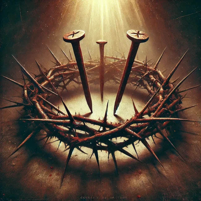 DALL·E 2025-01-29 00.08.30 - Create an AI-generated artwork featuring a crown of thorns with exactly four prominent thorns and large iron nails, symbolizing the crucifixion of Jes