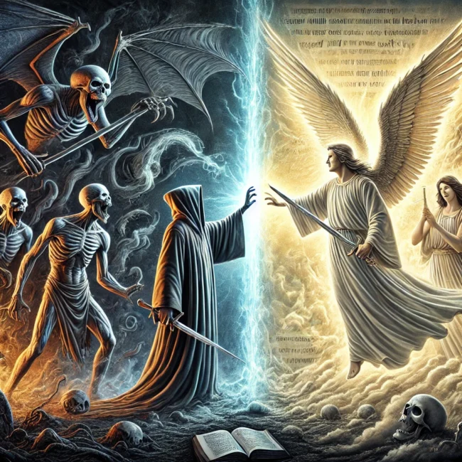 DALL·E 2025-01-29 19.31.57 - A striking biblical illustration portraying the deception of necromancy and false spirits. The image features a robed figure attempting to summon spir