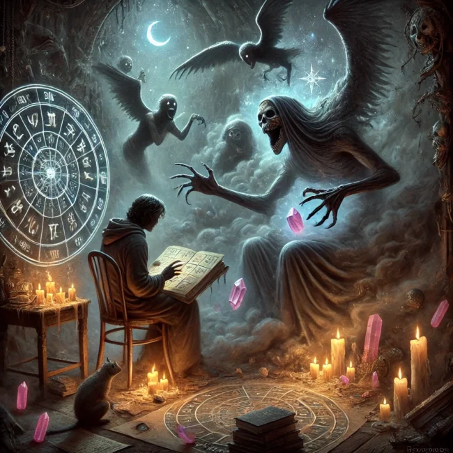 DALL·E 2025-01-29 19.36.05 - A haunting and surreal digital painting illustrating the hidden dangers of astrology, witchcraft, and crystal healing. The scene shows a person peacef