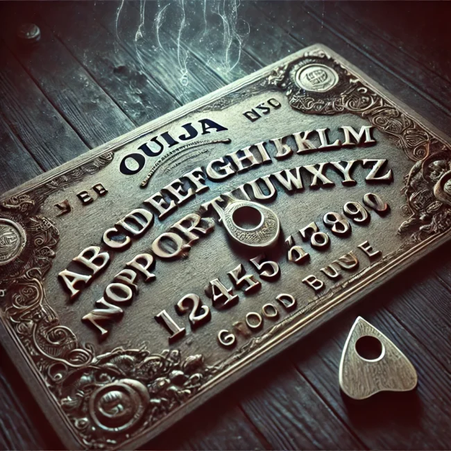 DALL·E 2025-01-29 19.43.34 - A highly detailed digital illustration of an antique Ouija board with intricate carvings and mysterious symbols. The board appears aged and worn, with