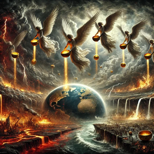 DALL·E 2025-01-29 20.16.52 - A dramatic and apocalyptic digital painting inspired by the Seven Bowls of God's Wrath from the Book of Revelation. The artwork depicts angels pouring