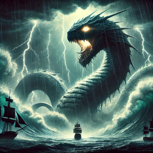 DALL·E 2025-01-29 23.24.49 - A powerful and dramatic digital painting depicting Leviathan, the great sea serpent from biblical texts. The scene features a massive, serpentine crea