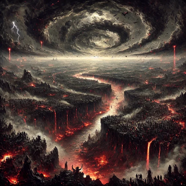 DALL·E 2025-01-30 00.37.56 - A dark and haunting digital painting in a 10x10 inch square format depicting the concept of divine judgment with millions of people. The artwork showc