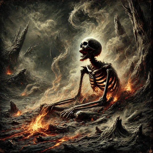 DALL·E 2025-01-30 00.41.57 - A dark and eerie digital painting in a 10x10 inch square format depicting a skeletal figure partially consumed by fire, surrounded by an atmosphere of