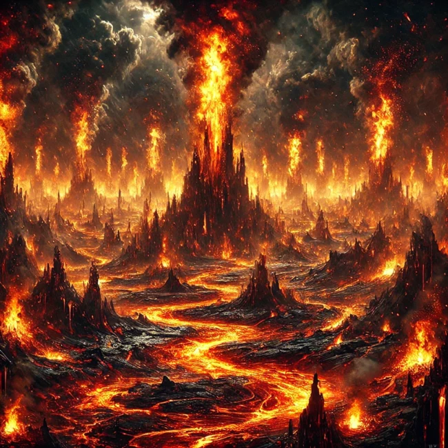 DALL·E 2025-01-30 00.46.12 - A dramatic and intense digital painting in a 10x10 inch square format depicting an endless landscape of roaring flames. Towering firestorms consume th