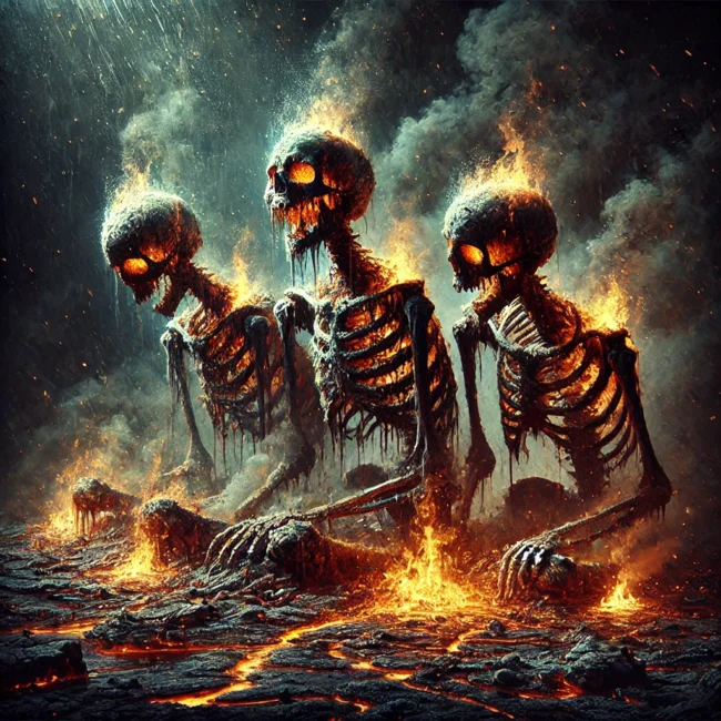 DALL·E 2025-01-30 00.47.50 - A dark and eerie digital painting in a 10x10 inch square format depicting three skeletal figures partially consumed by fire, surrounded by an atmosphe